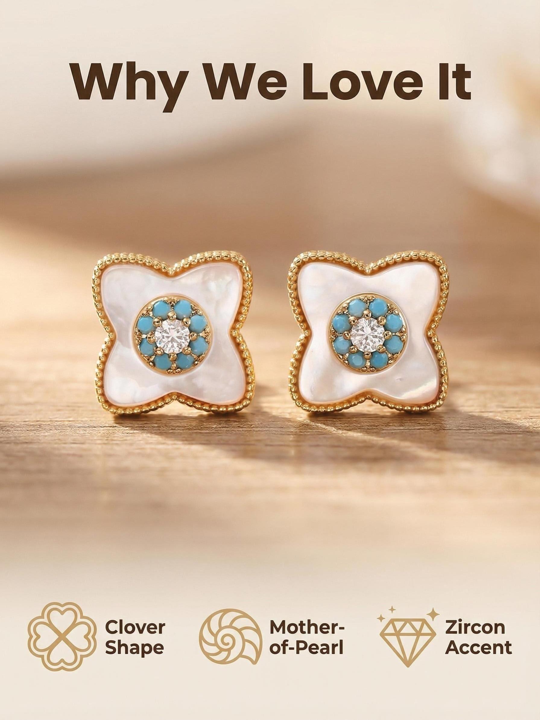 Vintage Clover Mother-Of-Pearl Turquoise Zircon Earrings, Elegant Lightweight Everyday Commuter Jewelry, Versatile Fashion Accessory