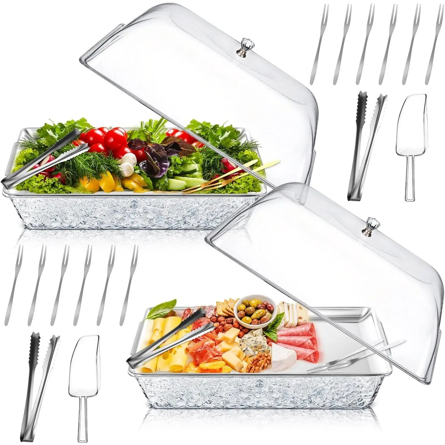2 Sets 16" x 9" Chilled Serving Tray for Parties with Compartments and Lid Charcuterie Serving Board Ice Rectangle Chilled Party Platter for Seafood Vegetable Fruit Shrimp Cocktail (Silver)