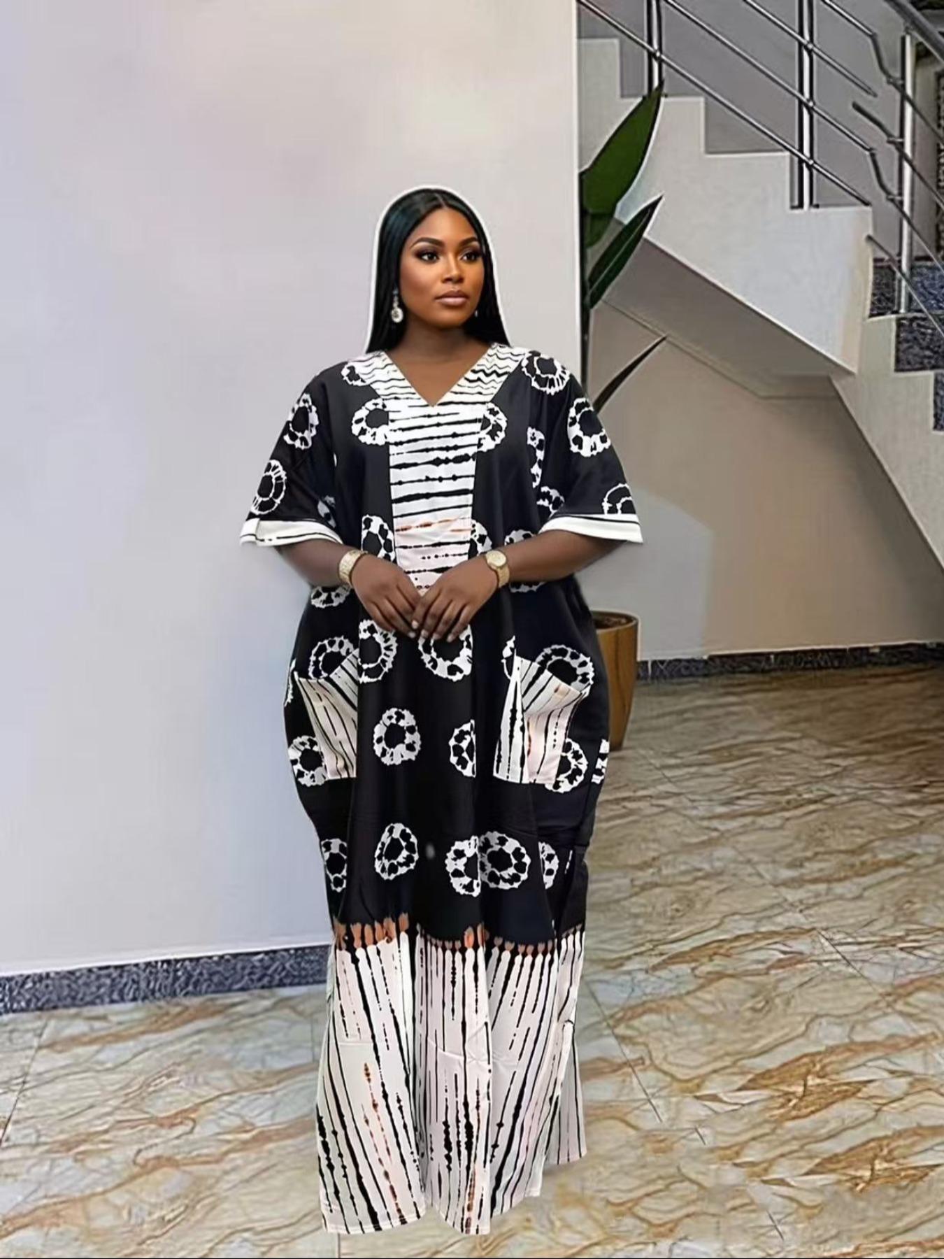African Style Fashion Dress Summer Loose Plus Size Print Chest Patch Ethnic Boubou Kaftan Long Robe Daily Travel Party V Neck Short Sleeve with Pockets and Scarf Casual Wear