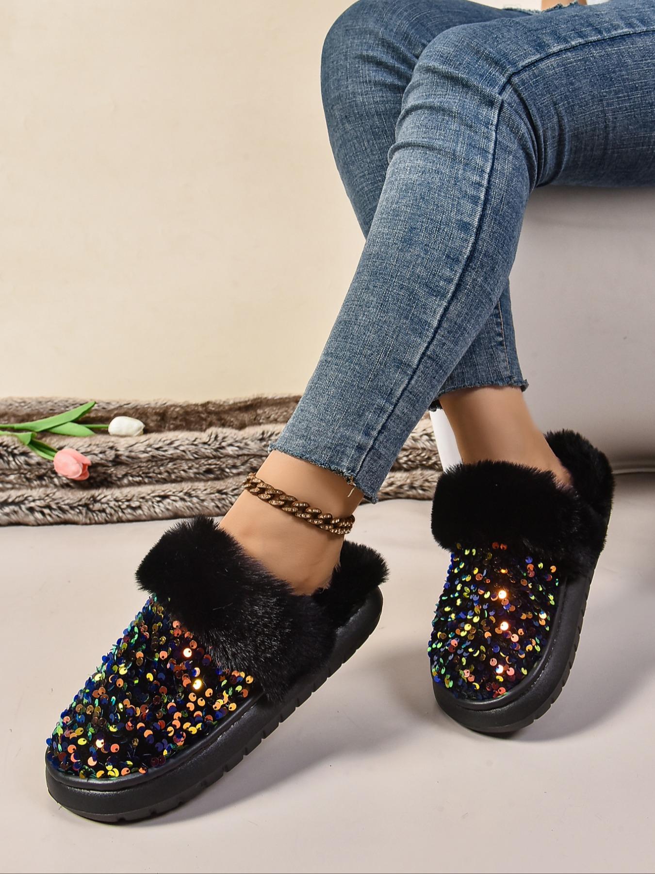 Women's Baroque Sequin Decor Plush Slippers, Casual Soft Comfortable Home Slippers, Warm Slippers for Indoor & Outdoor Use for Fall & Winter, Non Slip Slippers