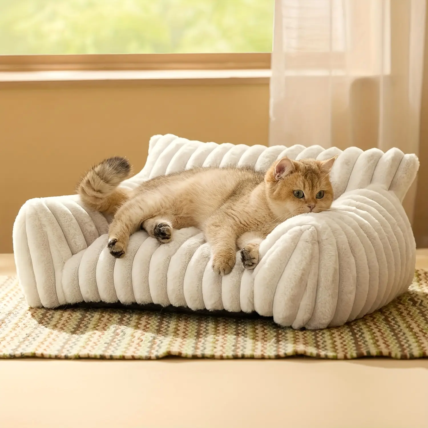 Pet Cat Sofa Bed, Fluffy Cat Bed Made of Soft Corduroy Fabric, Plush Indoor Cat Couch Sturdy Support Without Sagging