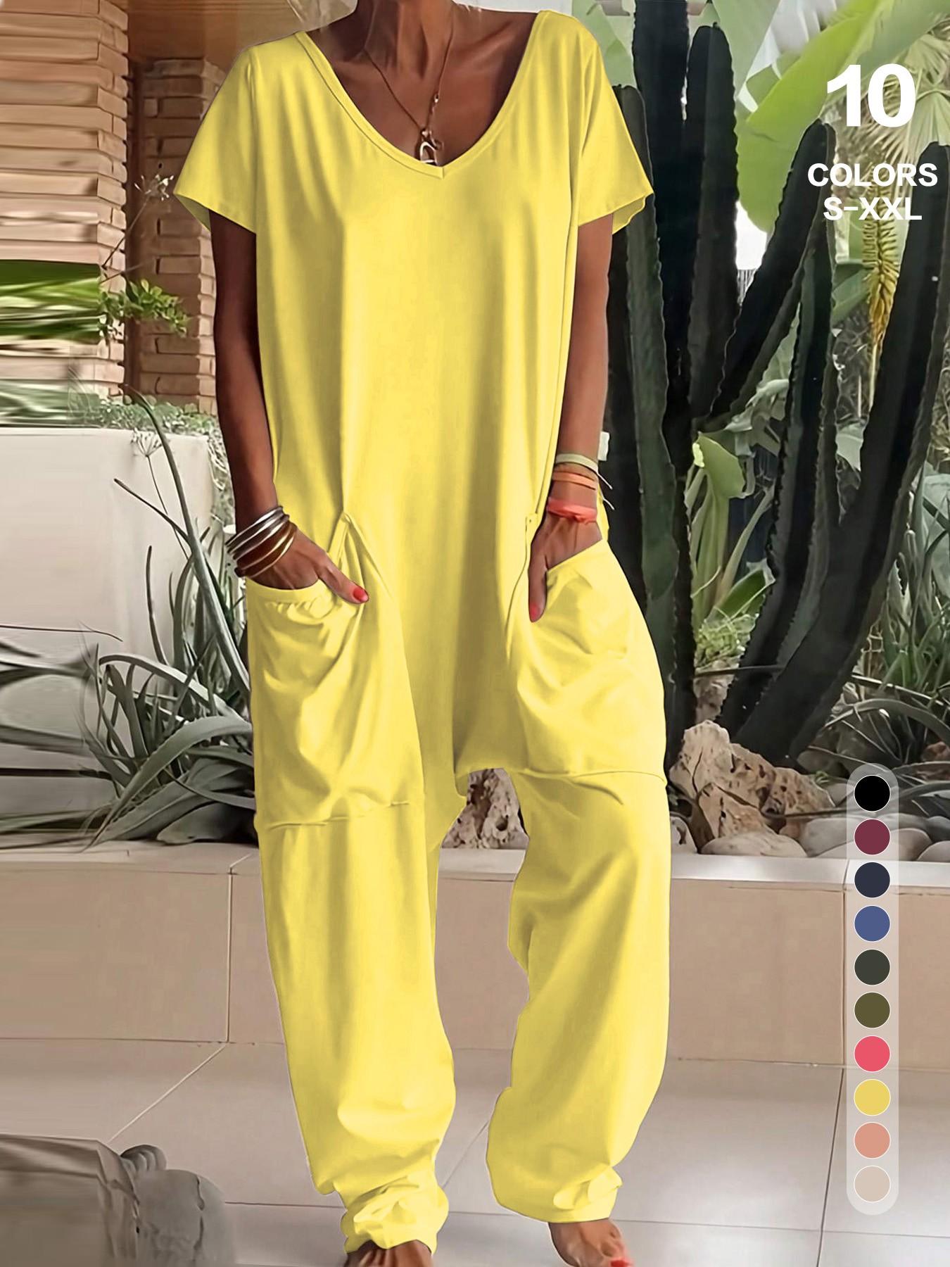 2026 Women's Casual Oversized Jumpsuit, Casual Jumpsuits, Short-Sleeve Batwing V-Neck Harem Pants With pockets, Loose Fit Wide Leg, Perfect for All Seasons, Stylish & Comfortable，Suitable for Daily Home Wear and Fashionable for Outings