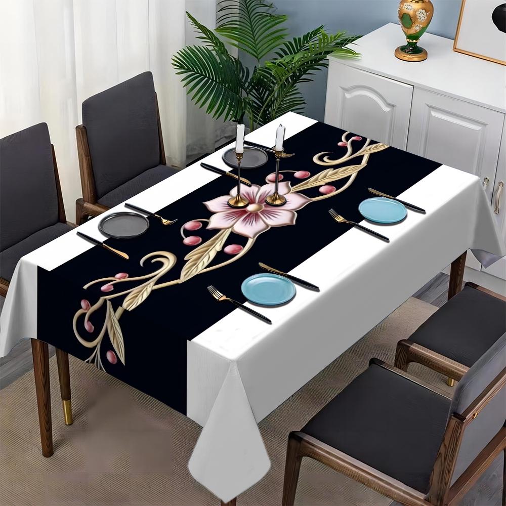 JIT 1pc 2D flat vintage black and white floral pattern rectangular tablecloth, for kitchen, living room, and dining table, kitchen accessory, party, room & outdoor decorative tablecloth, a tablecloth gift for friends