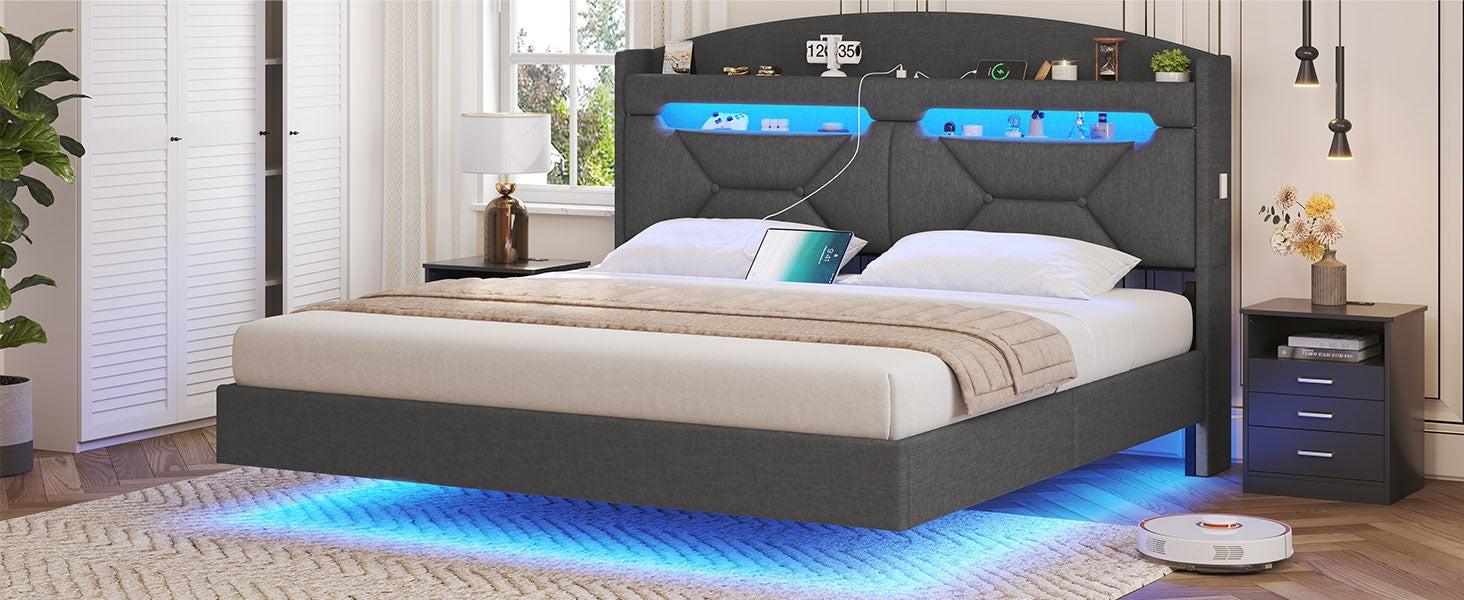Sikaic LED Floating Bed Frame With Charging Station Hidden Storage Dark Grey Angersbed Furniture Headboard Modern Design Comfortable Home