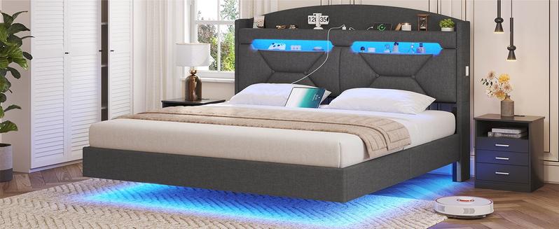 Sikaic LED Floating Bed Frame With Charging Station Hidden Storage Dark Grey Angersbed Furniture Headboard Modern Design Comfortable Home