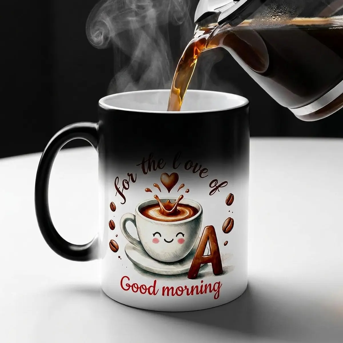Color Changing Coffee Mug 11oz with Initial, Heat Reveal Ceramic Cup for Daily Use