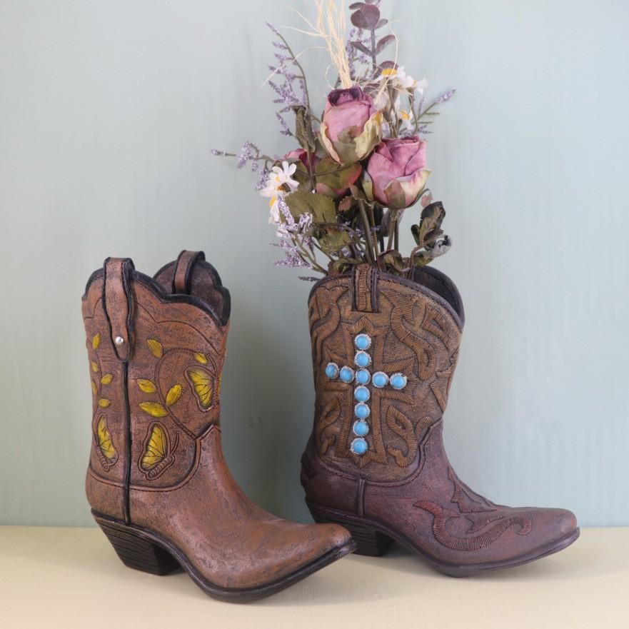 Vintage Boot Resin Vase Decor, Striped Hydroponic Flower Container, Indoor/outdoor Home Decoration, Living Room, Balcony, Garden, Cowboy Style