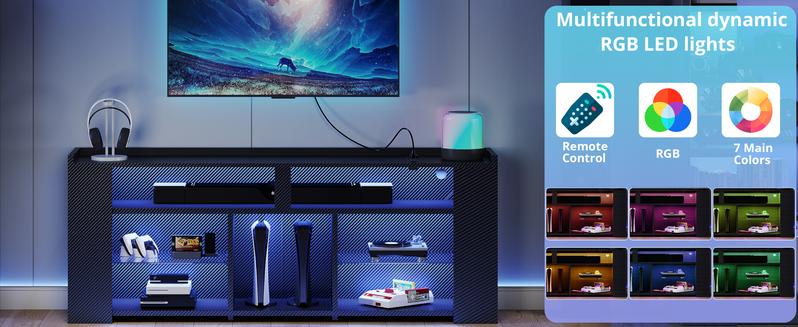 IRONCK Entertainment Center with Storage, Tall TV Stand W/Power Outlet, LED Gaming TV Cabinet for PS5, Black TV Stand with Carbon Fiber