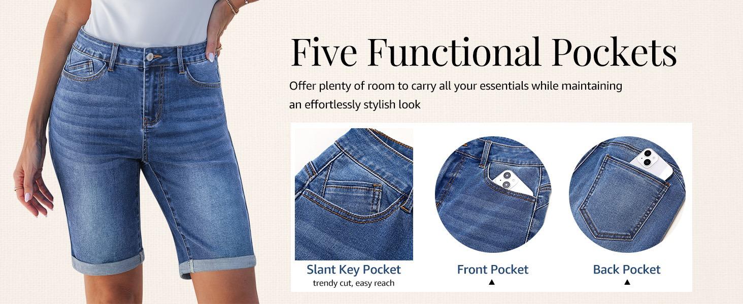 luvamia Bermuda Jean Shorts for Women Knee Length High Waisted Trendy Cuffed Hem Long Stretchy Denim Shorts Summer Jorts
