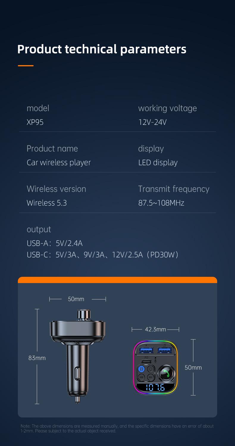 Fast Wireless 5.0FM Transmitter MP3 Player - Hands-Free Call, Adjustable High & Low Pitch, U Disk, PD30W Fast Charger, C USB Car Fast Charging Adapter - Compact Design for Easy Use Mini Audio