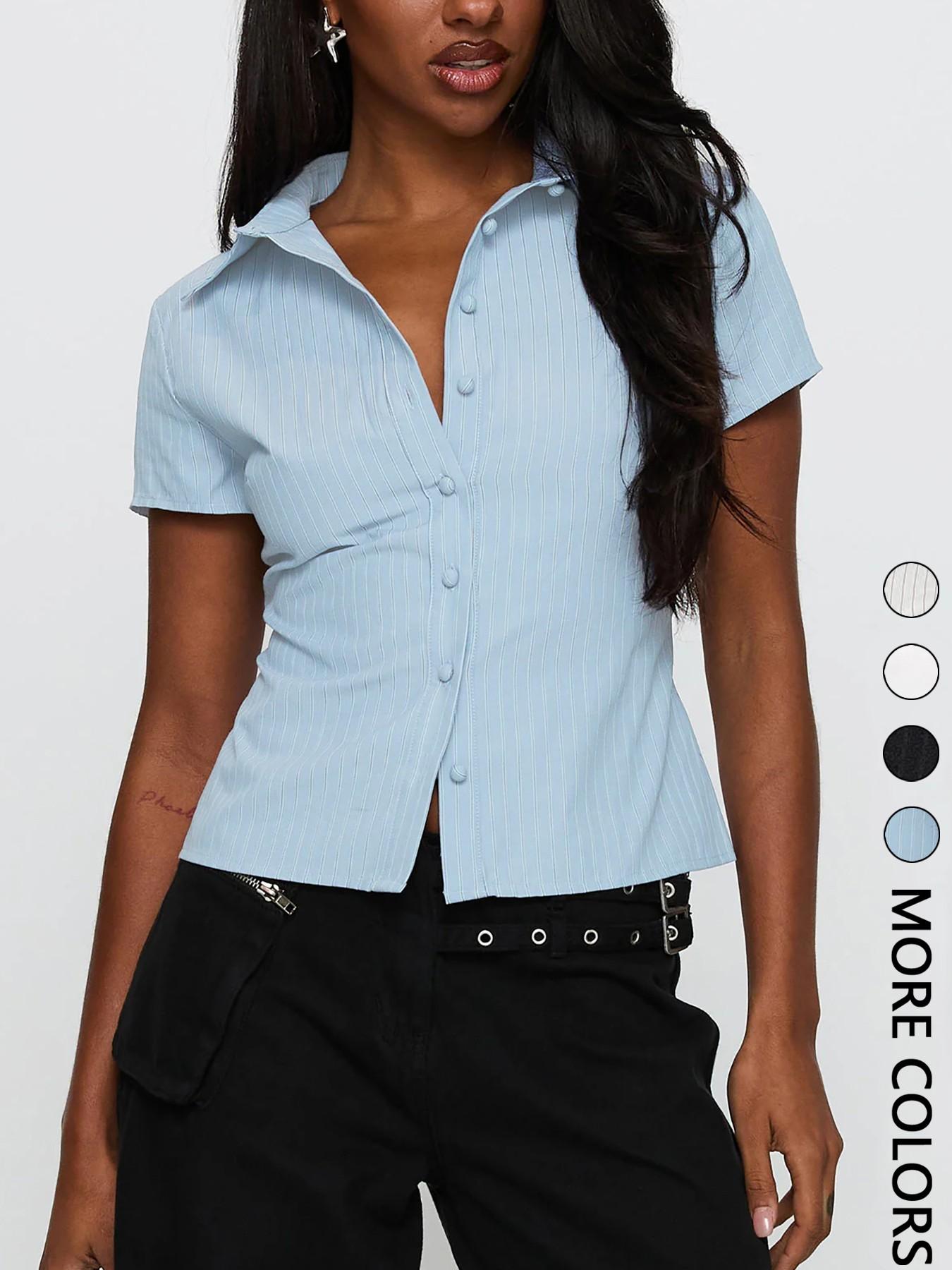 Women's Button Collared Shirt, Casual Slim-fitting Short Sleeve Top for Summer, Ladies Clothes for Daily Wear, Womenswear