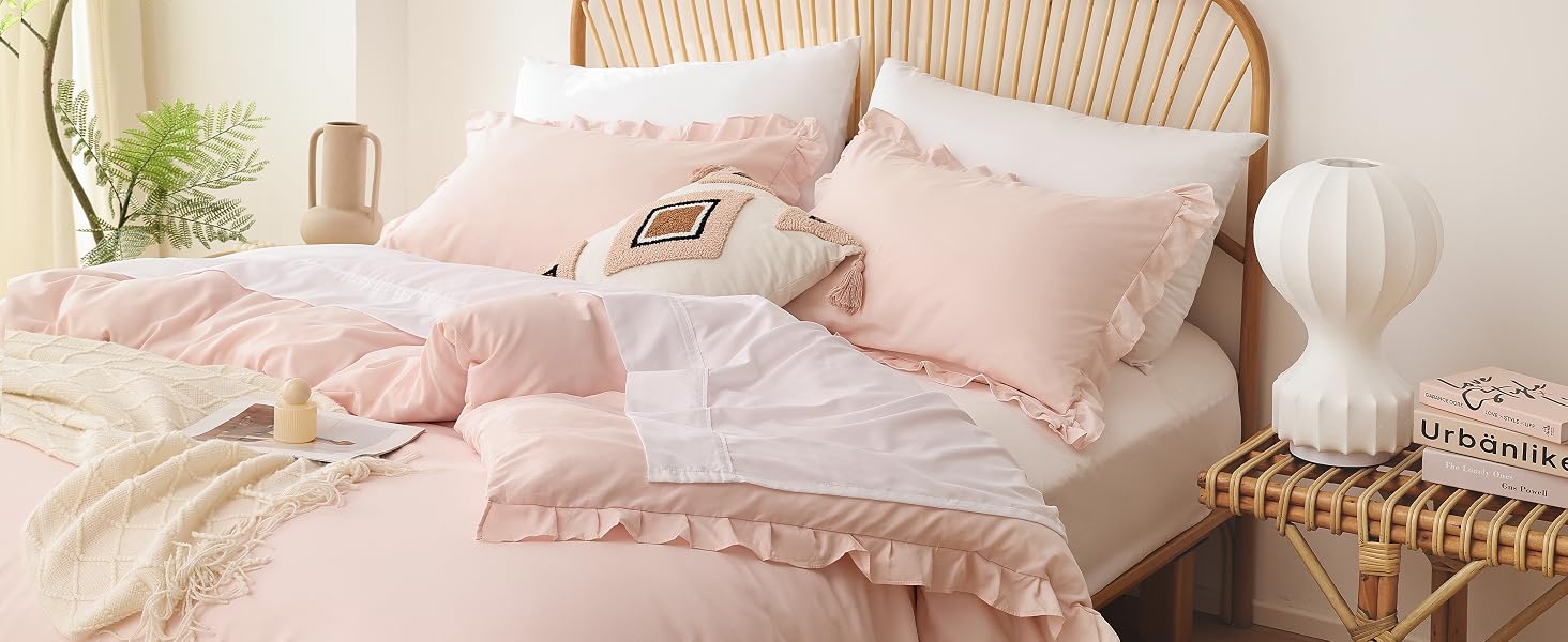 Blush Pink Comforter Set King – Soft Microfiber, Lightweight All Season Bedding, Ruffle, Breathable Set with 2 Pillow Shams, Machine Washable