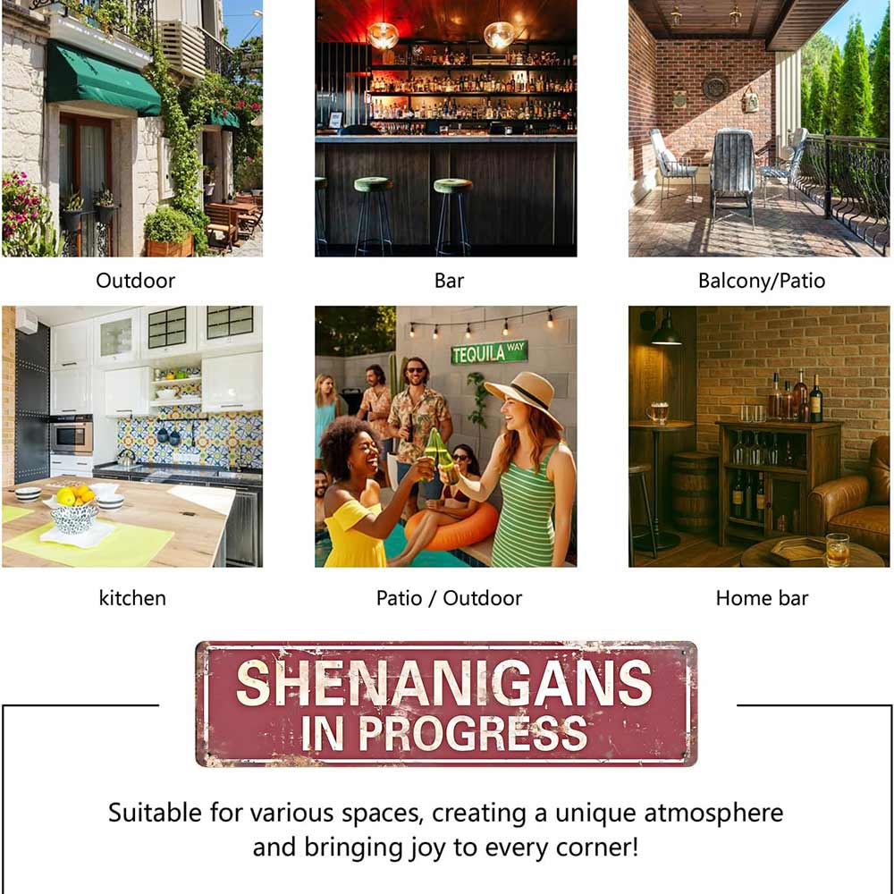 16x4 Inch Aluminum Metal Sign "SHENANIGANS IN PROGRESS" Funny Vintage Rustic Wall Decor for Home Bar Garage Man Cave Game Room Patio Party Decorative Plaque Weatherproof Durable Novelty Wall Art Humorous Gift for Friends Family