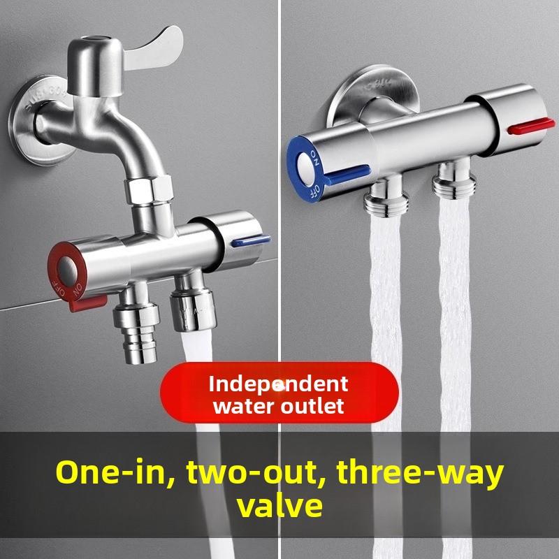 Household tap water faucet one inlet two outlets three-way water splitter, 4-point universal interface double-headed diverter valve, garden irrigation hose adapter labor-saving accessory