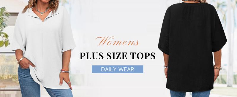 Imily Bela Curve 【XL-5XL】Womens Plus Size Tops Short Sleeve V Neck Tee Blouse Summer Loose Fit Casual Tunic Top