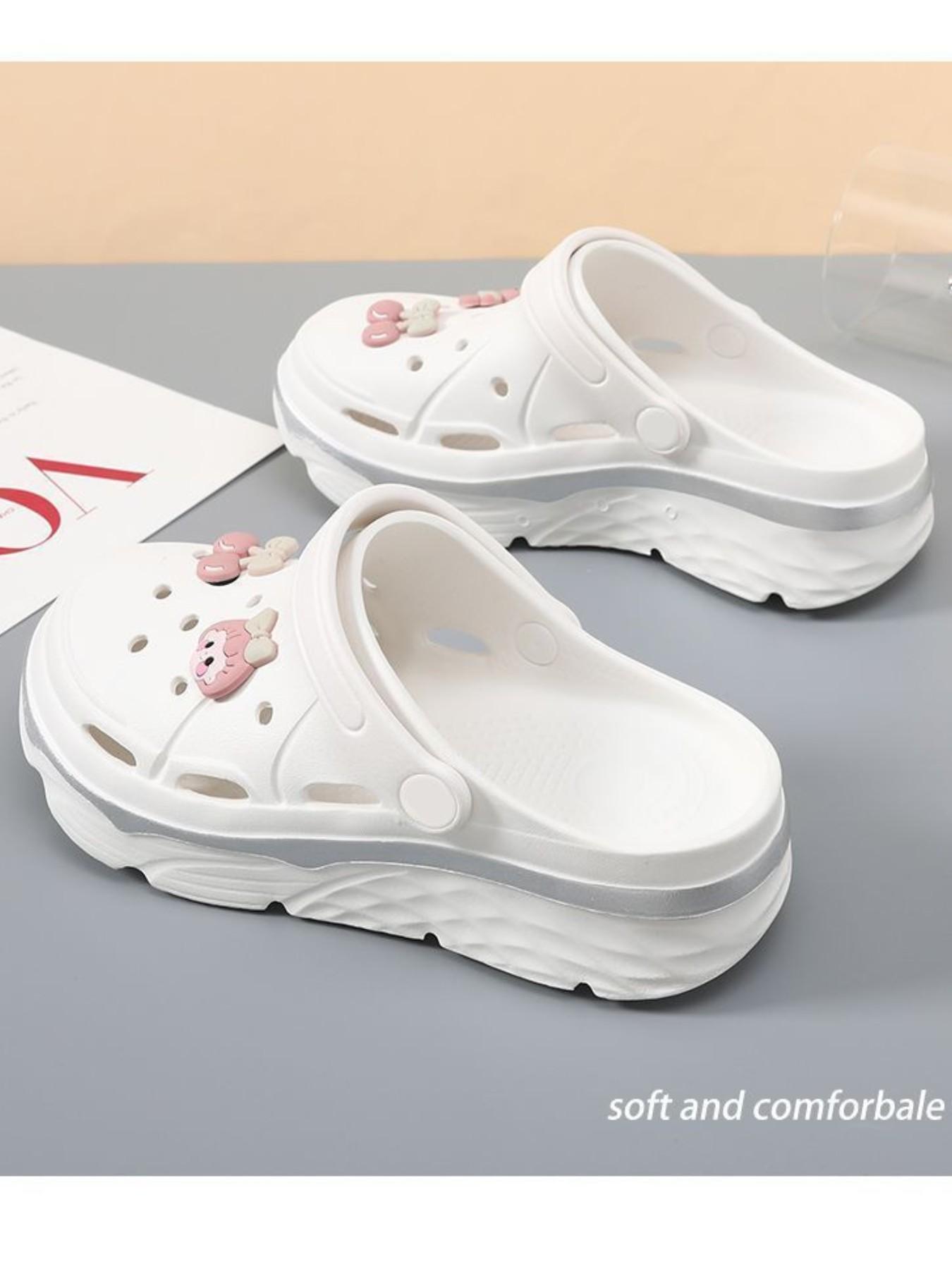 Women's Thick Sole Heeled Sandals, Floral Bow Design, Anti-Slip Lightweight Garden Shoes, DIY Accessories, Comfortable & Stylish