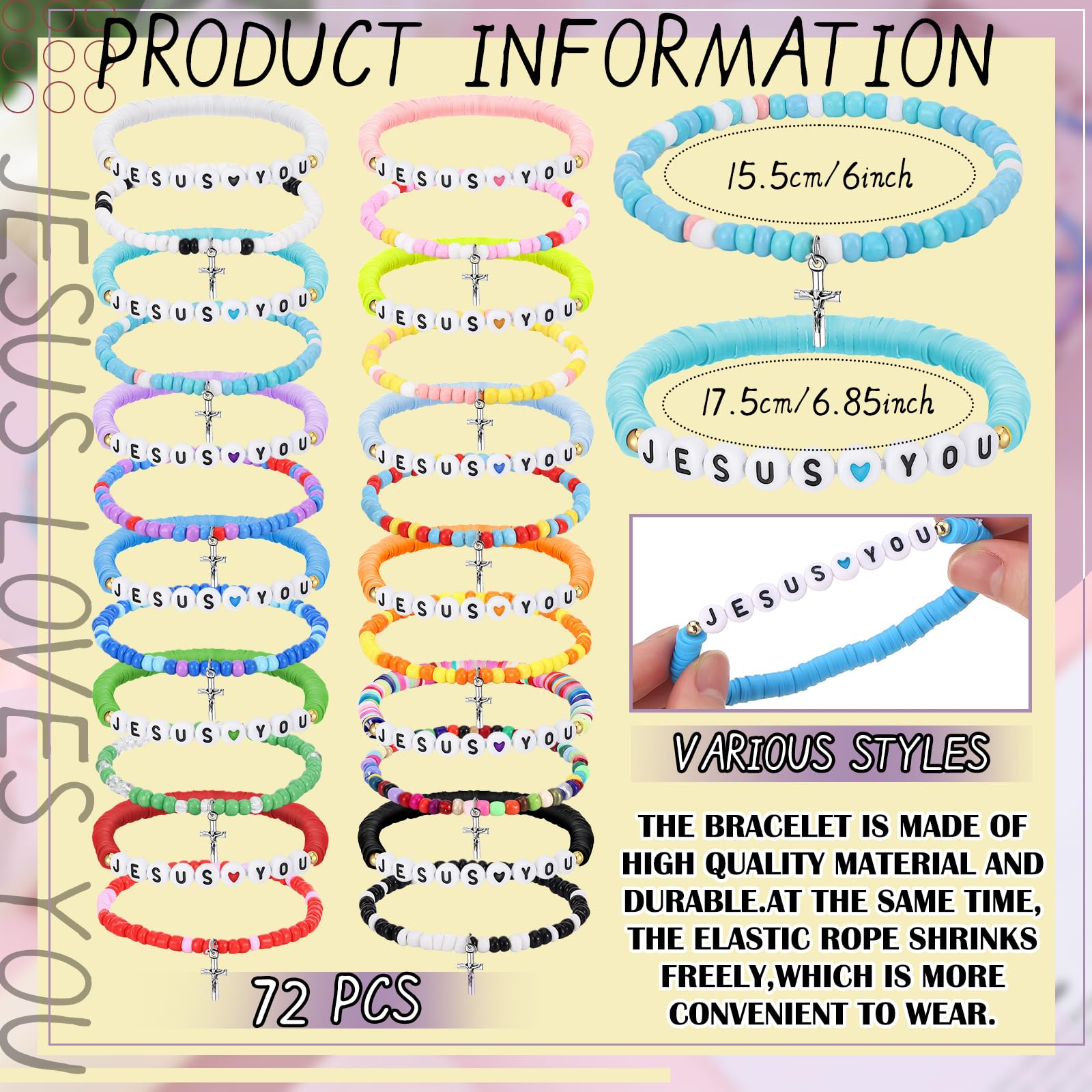 Easter Jesus Loves You Bracelets Bulk Christian Gifts for Women Men Youth Group WWJD Cross Clay Beads Faith Friendship Bracelets for Easter Basket Stuffers Easter Egg Filllers Church Sunday School Prizes No Candy Easter Party Favors