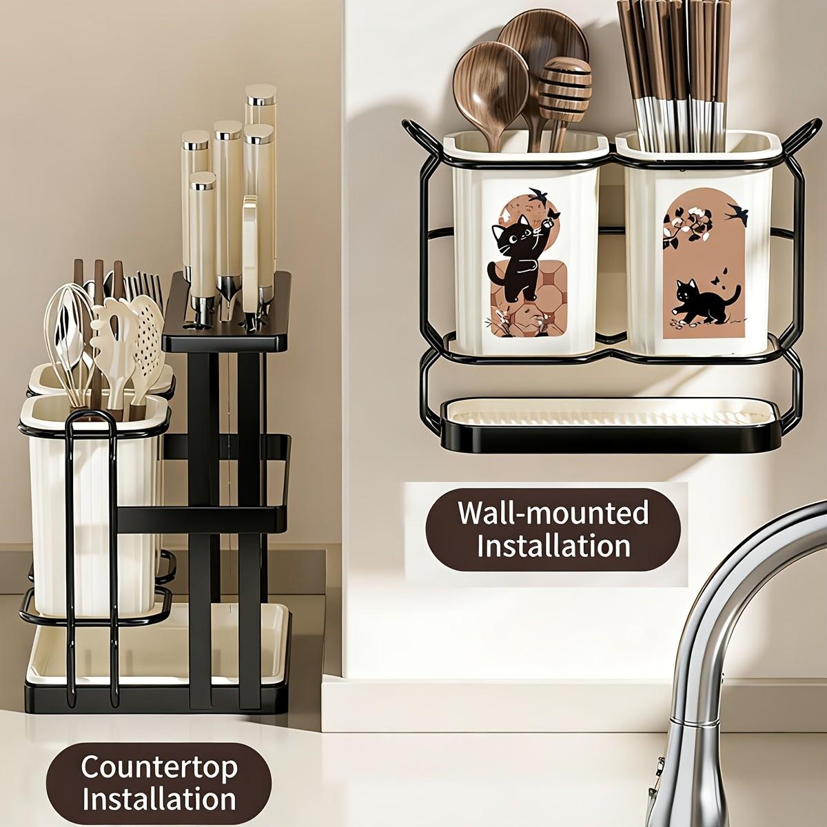 Carbon Steel Kitchen Utensil Rack with Cutters Holder, 2 Cute Cat Storage Boxes, Wall-Mounted and Countertop Storage, Detachable Tray, Durable Design