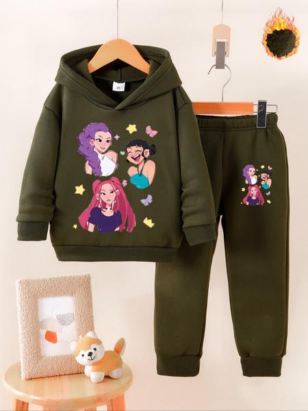 Girls' Fall Winter Fleece Set, Kpop Demon Hunters Cartoon Print Hoodie & Sweatpants, Cute Warm Casual Kids Clothing, Clothes Kids