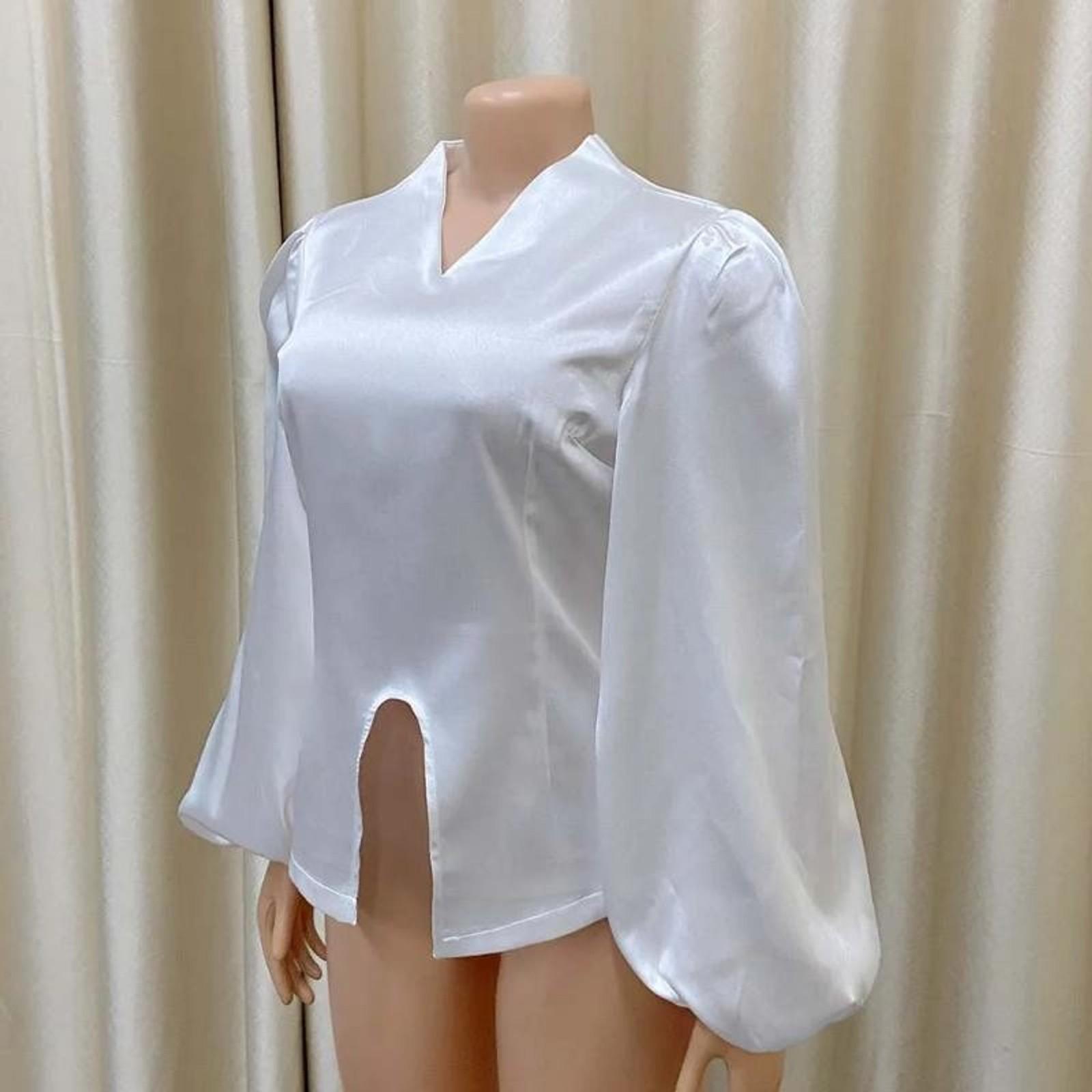 summer spring clothes 2025 new Office Blouse for Women Elegant Stylish V Neck Full Sleeve Front Split Solid Satin Luxury Party Dinner Occasion Shirts Light Top Womenswear Check Gamis Basic Fitted Minimalist Red Blouse_Red