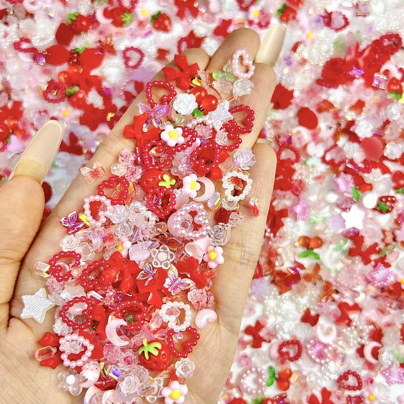 100PCS 3D Creative Strawberry Bow Cherry Resin Nail Charms Simulated Pearl Heart Transparent Camellia Butterfly Rose Decorations for Women DIY Phone Case Nail Art Supplies
