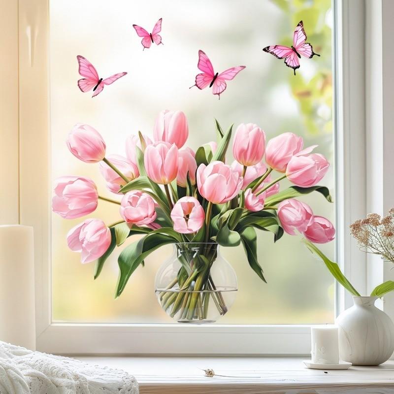 1 pc tulip butterfly window sticker, gentle and fresh rural style, pink tulip+butterfly+hydroponic potted elements, reusable PVC electrostatic sticker, suitable for home decoration and beautification