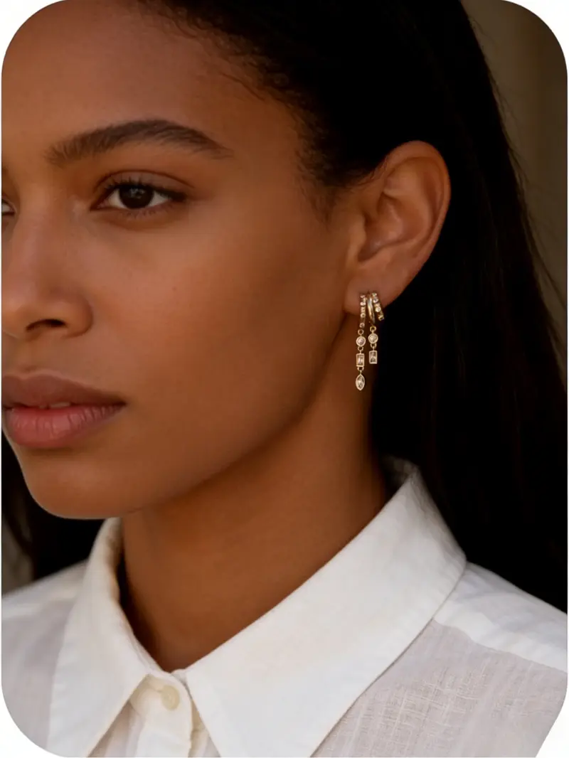 14K Gold-Plated CZ Drop Huggie Earrings for Women, Multi-Gemstone Design, Hypoallergenic Brass, Perfect for Everyday Wear & Layering, Trendy Minimalist Jewelry, Stackable Earrings, Versatile Earrings