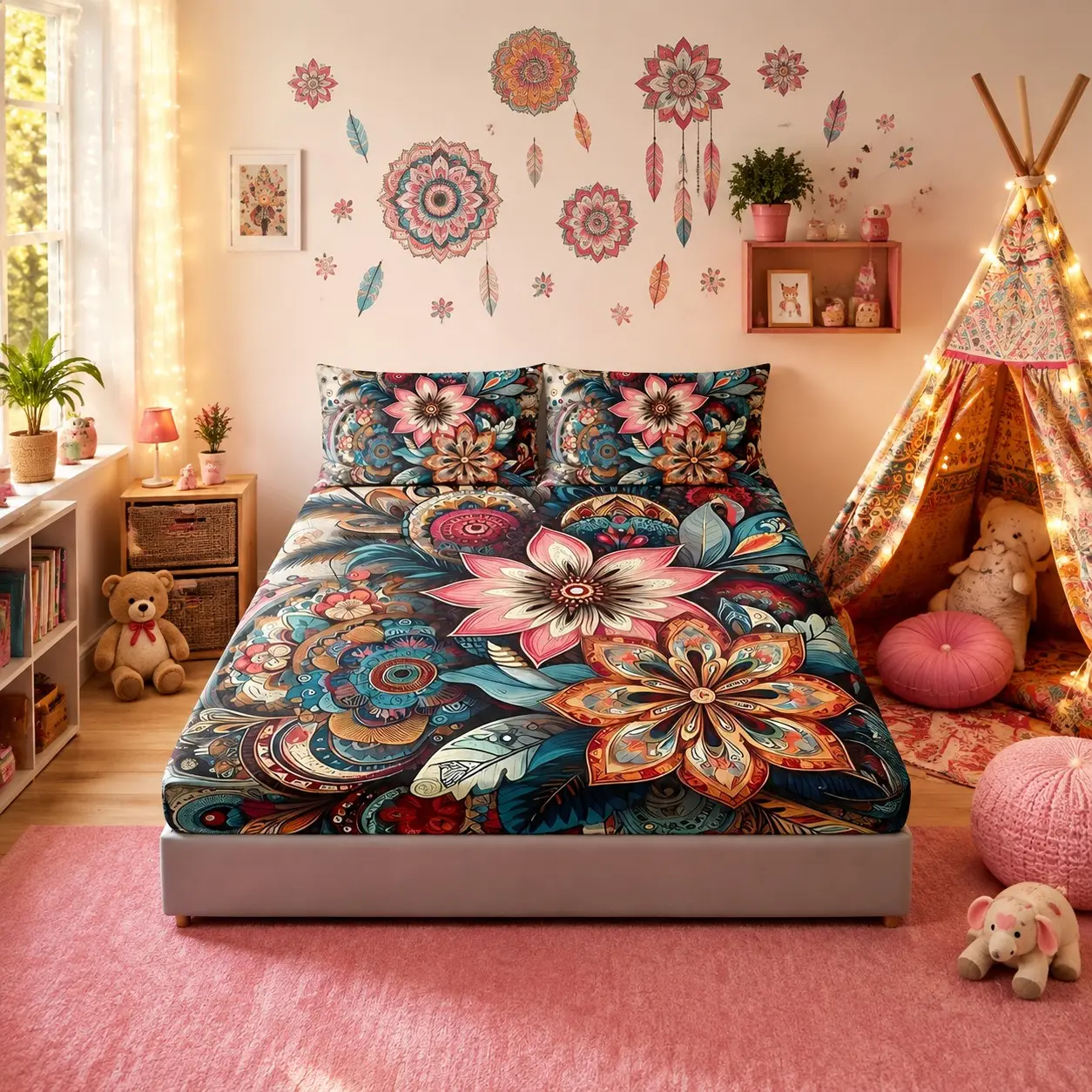 3PCS Bohemian Mandala Flower Bed Sheet Set (1 bed sheet+2 pillowcases) without pillow core, high-definition printed for home and dormitory use, Bedding Set