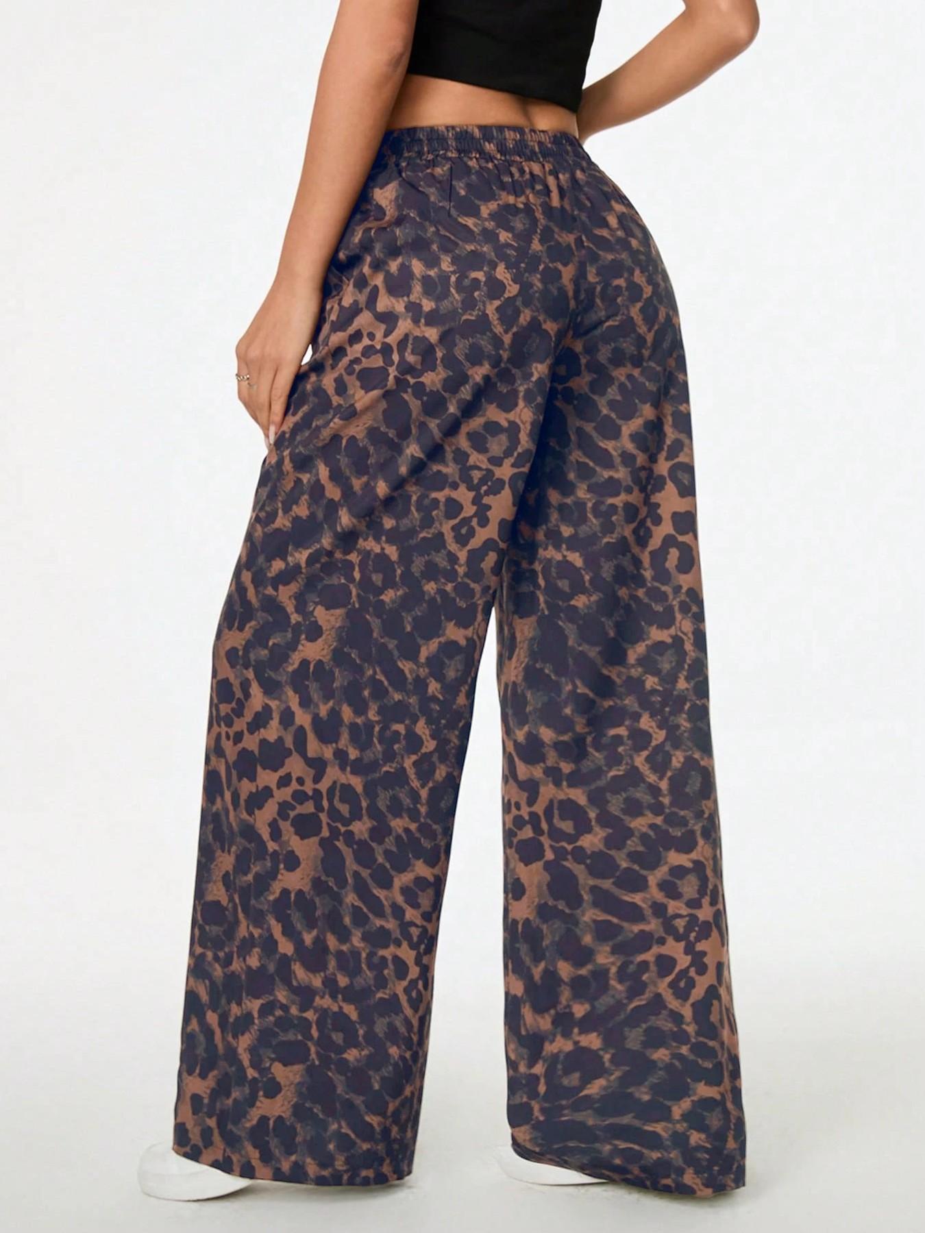 Women's Leopard Print Wide Leg Pants, High Waist Elastic Waist Loose Fit Street Style Long Pants, Fashionable Casual Wear, Casual Street Trousers