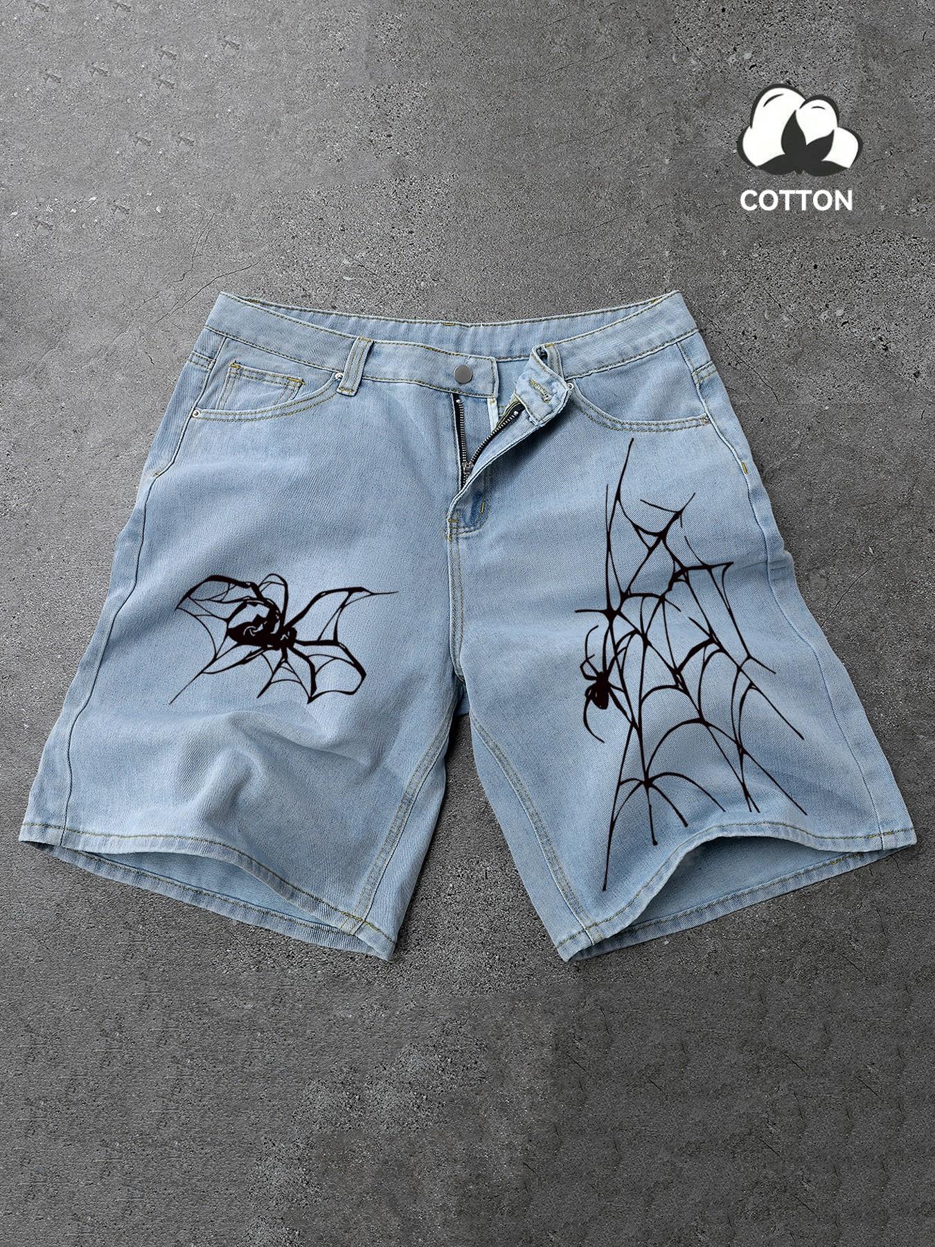 Men's Loose-Fit Denim Shorts, Spider Web Print, High-Quality Cotton, Zipper Closure, Street Style, Music Festival, Avant-Garde Fashion