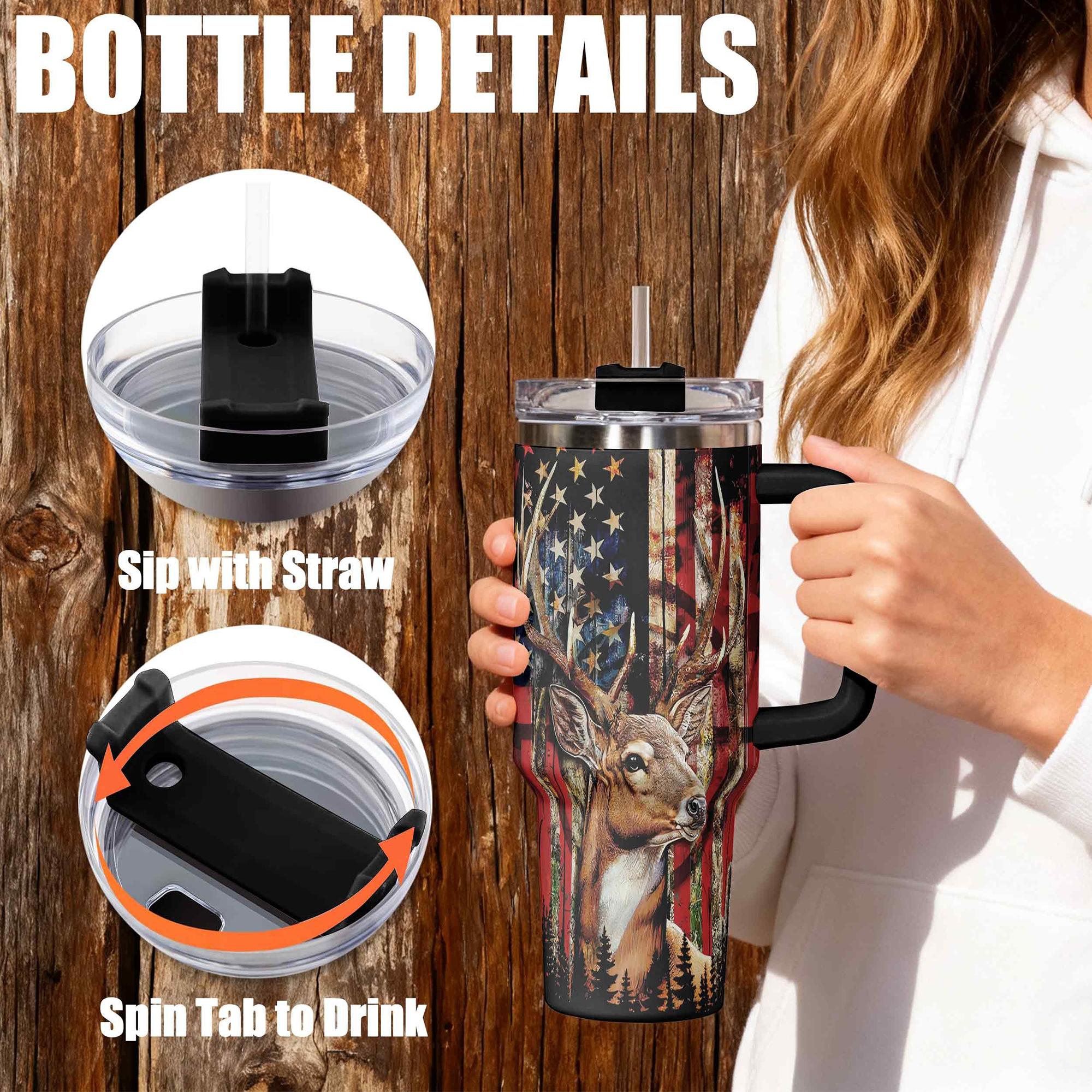 40oz, 1pc Gift, Stainless Steel Cup, Insulated and Durable, Stainless Steel Tumbler, Featuring a beautiful American Flag Deer Design, Perfect Gift for Horse Lovers and Equestrians, Great for Hot or Cold Beverages