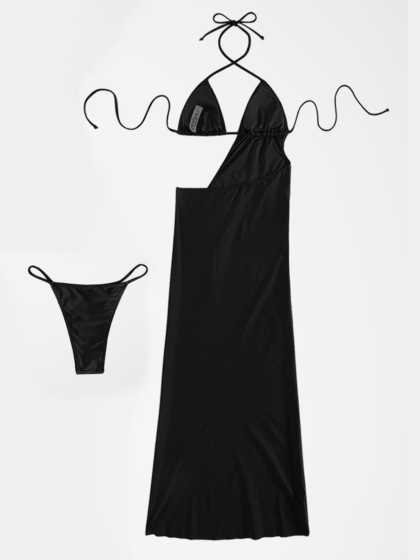 Women's Black One-Shoulder Sleeveless High Slit Maxi Dress with Gold Starfish Metal Accent - Side Cutout Sexy Party Dress for Nightclub, Beach Vacation, Festival Rave