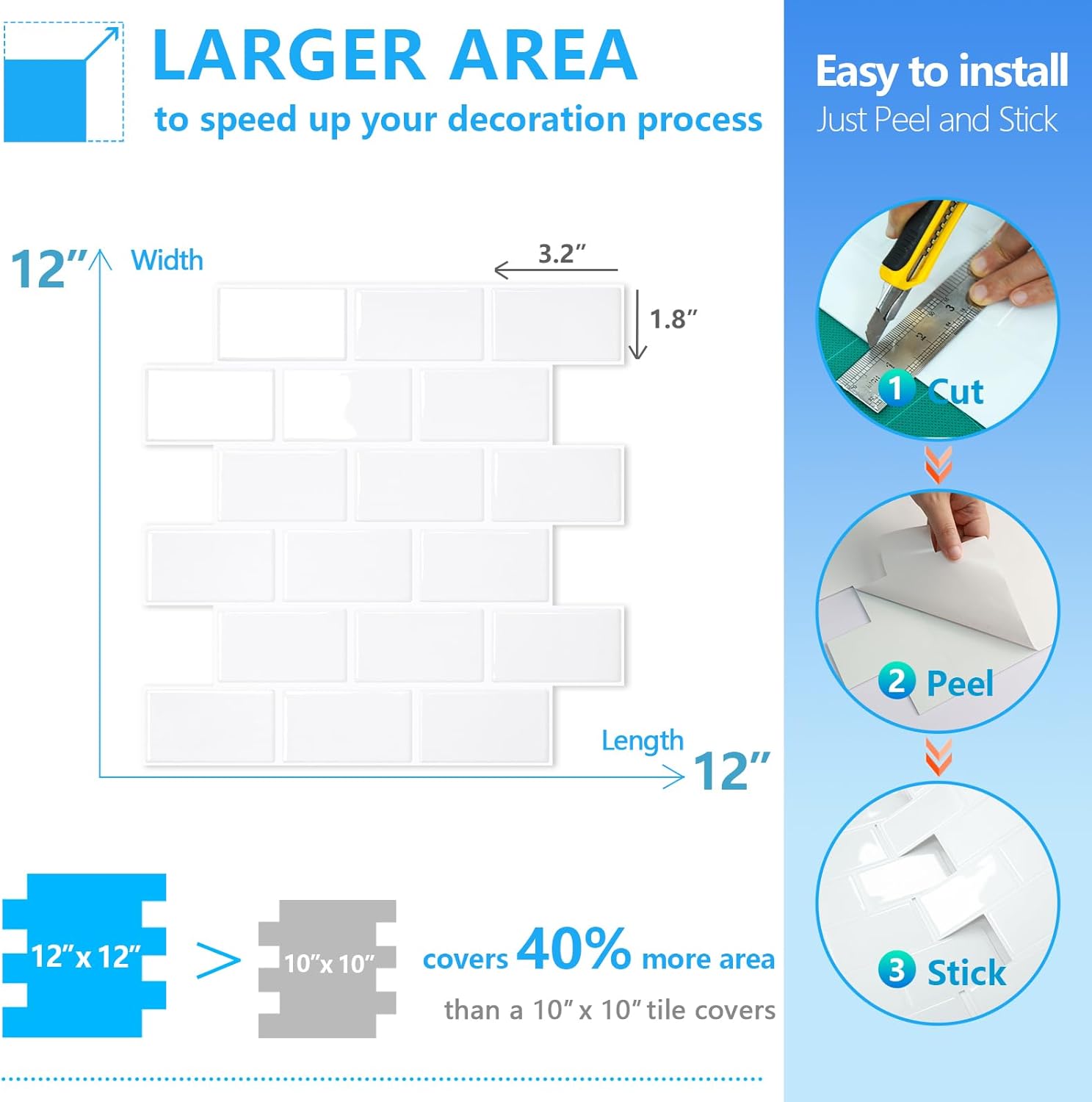 STICKGOO Thicker Design White Subway Tile Peel and Stick Backsplash, 12”×12” Stick on Wall Tiles, Self Adhesive Tile Sticker for Kitchen Backsplash and Bathroom Easy Installation Durable