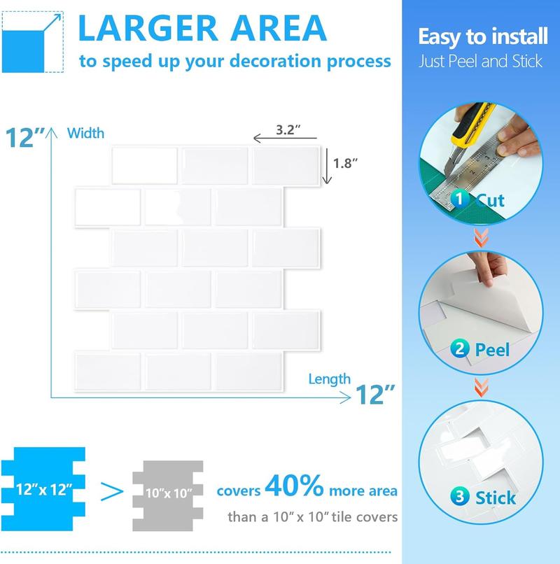 STICKGOO Thicker Design White Subway Tile Peel and Stick Backsplash, 12”×12” Stick on Wall Tiles, Self Adhesive Tile Sticker for Kitchen Backsplash and Bathroom Easy Installation Durable