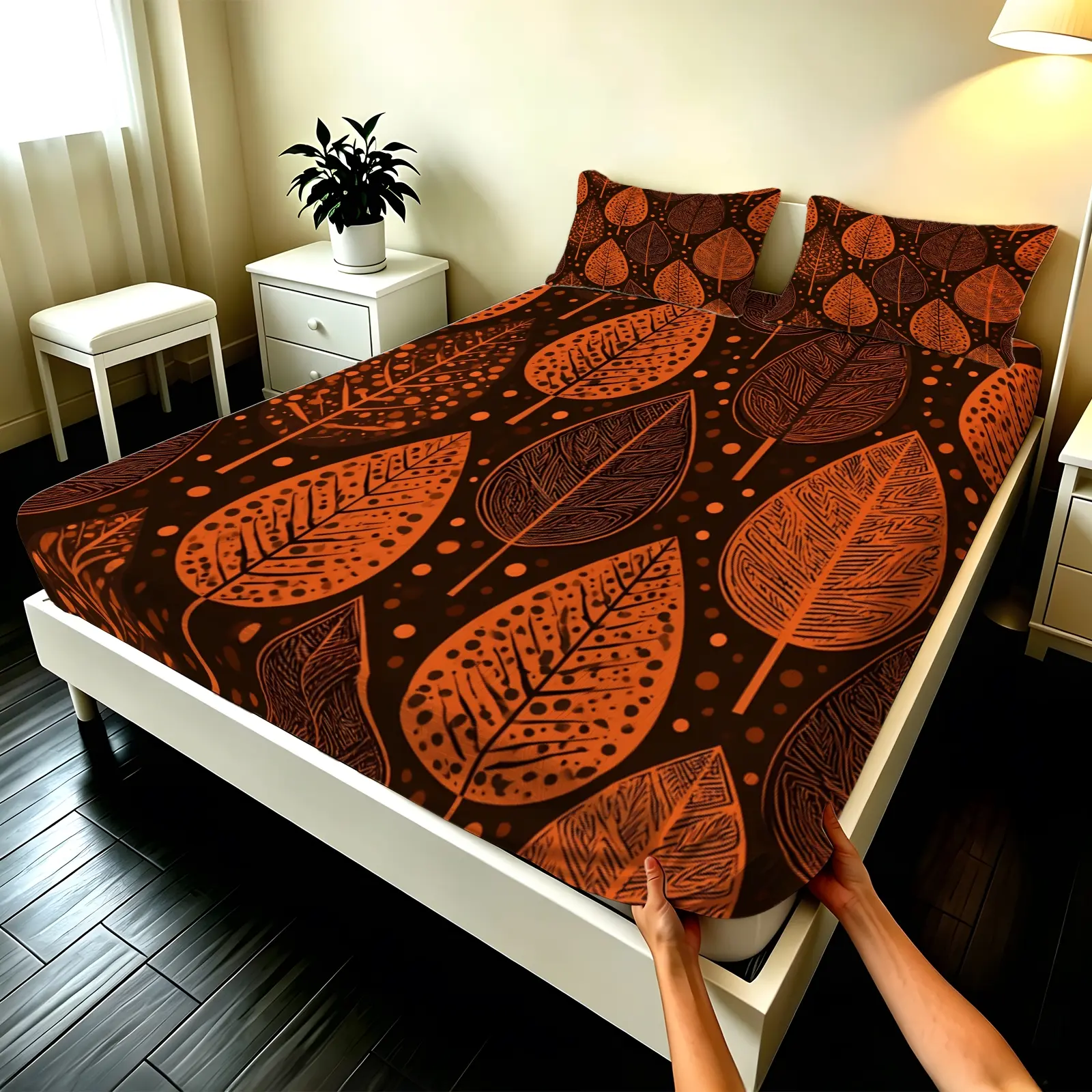 3pcs Fitted sheet Vintage Burnt Orange Brown Autumn Leaf Pattern Bedding Set, Soft Microfiber Wrinkle Resistant Fade Proof Breathable Comfortable Fitted Sheet Set for Bedroom Hotel Home, Fit Twin Full Queen King Size