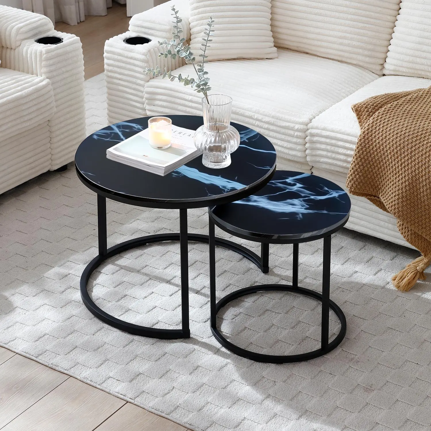 Set of 2 Round Nesting Coffee Tables, Black MDF Tops with Metal Frames, Modern Industrial Side Tables for Living Room, Bedroom, or Apartment