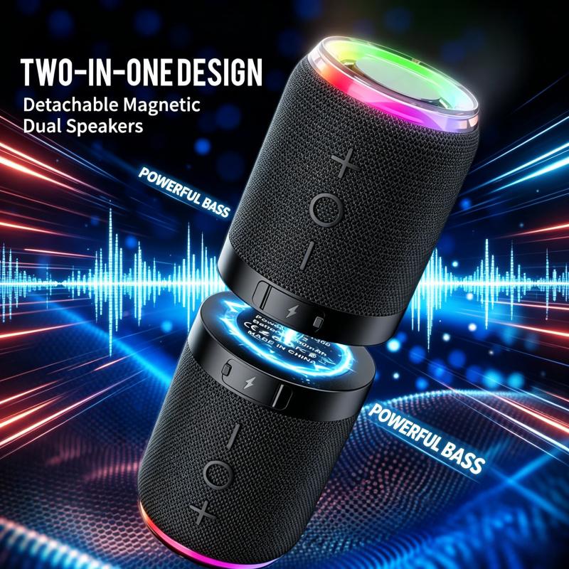 2-in-1 portable wireless stereo speakers, magnetic detachable Bluetooth 5.4 speakers, 360 degree true wireless stereo (TWS), dynamic RGB lighting, 12-hour battery life, Multifunctional speaker, ideal for home, outdoor use, or travel