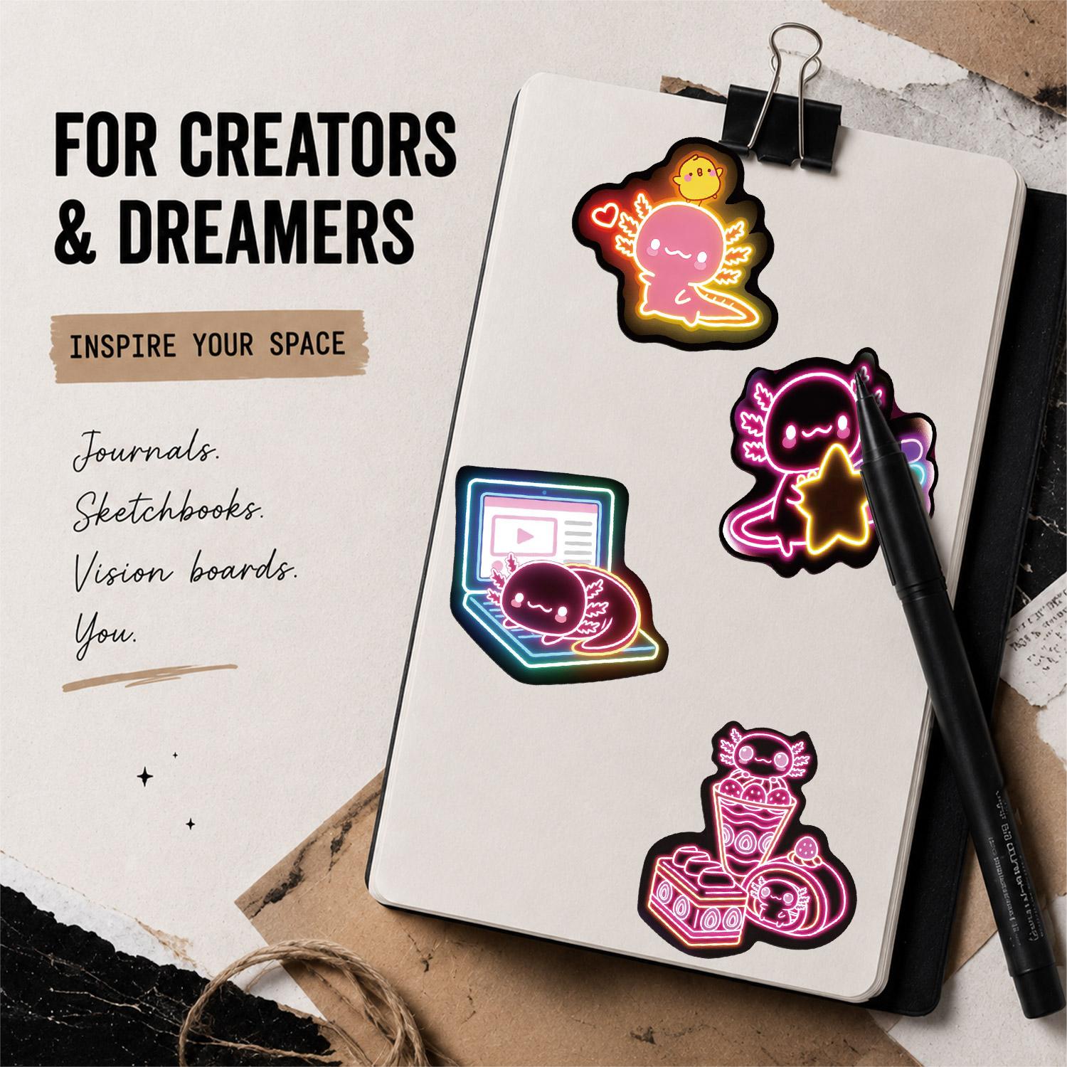50pcs*5packs Neon Axolotl Aesthetic Vinyl Stickers Pack for Laptop Water Bottle Phone Case Skateboard Journal Scrapbook DIY Decoration