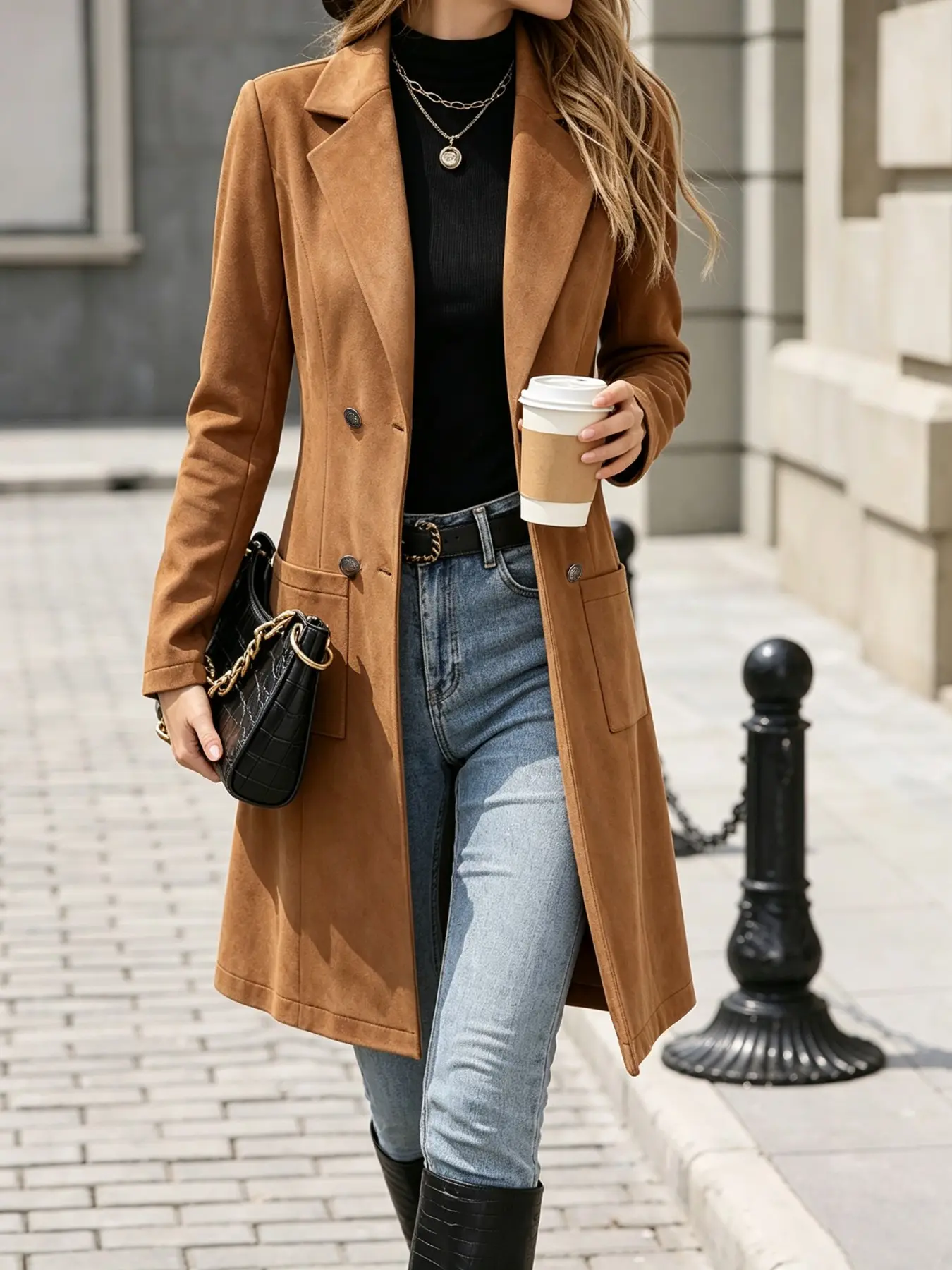 Women Camel Faux Suede Medium Trench Coat, Lapel Double Breasted a Line Hem Jacket, Casual Outerwear, Elegant Fall Winter Commuter Overcoat