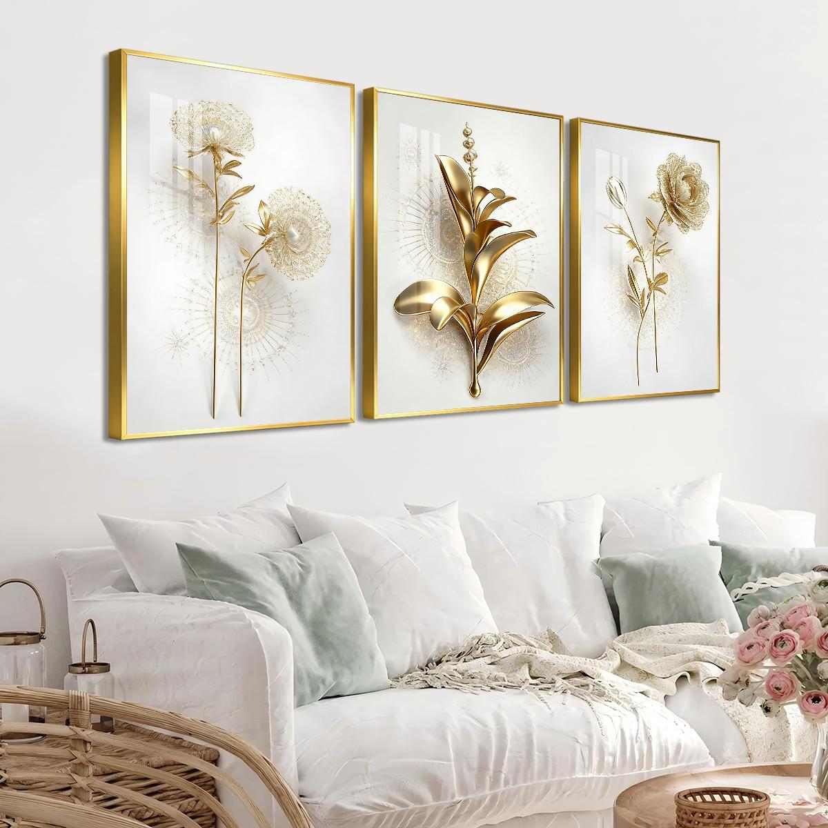 3 Counts Aluminum Alloy Framed Painting, Golden Abstract Flowers Artwork, Home Decoration For Living Room, Bedroom, Office, Restaurant, Hallway Wall Decor, Odorless Print Artwork, Luxury Perfect Gift For Friends And Family