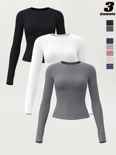 New Spring Autumn Women's Slim-Fit Long Sleeve T-Shirt, Casual Round Neck Yoga Top, Running Fitness Shirt, Athletic Yoga Shirts, All Seasons Wear