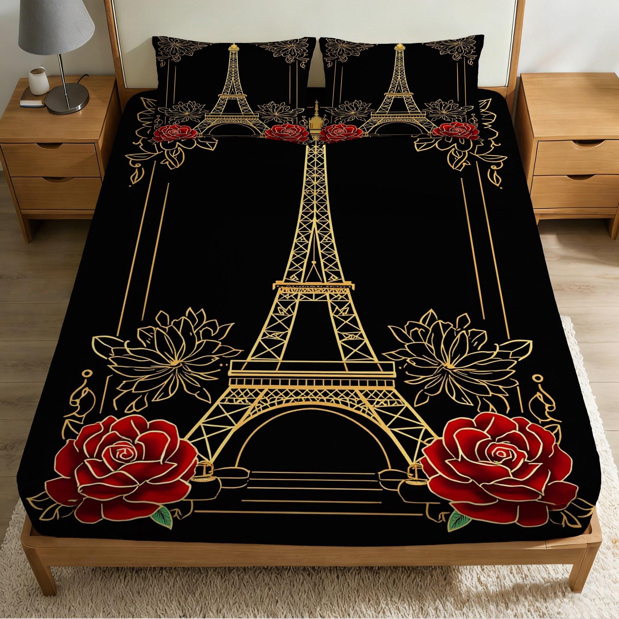2/3 Pcs Paris Tower,Rose Theme Pattern Bedding Fitted Sheet Set(1* Fitted Sheet+1/2* Pillowcase,core Free),machine Washable,zipper Seal,multiple Sizes Suitable For All Seasons,suitable For Bedrooms,perfect Gift Festivals