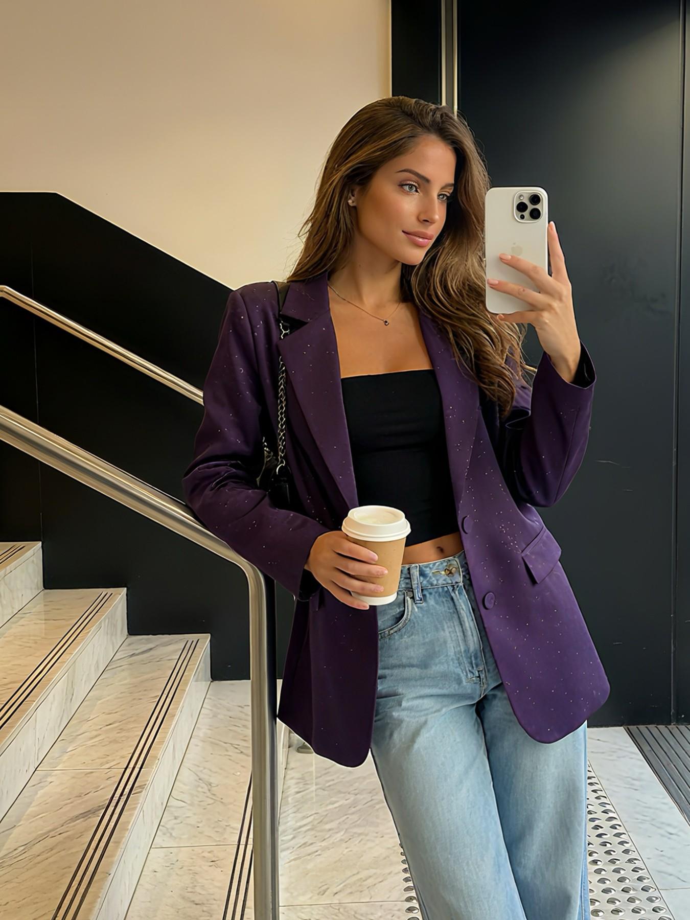 Women's Oversize Lapel Commuter Jacket, Embossed Chic Elegant Loose Fit Design, Spring New Collection, Perfect for Daily Wear