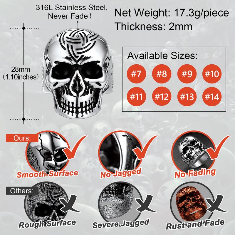 FaithHeart Triquetra Knot Skull Band Rings Punk Style Stainless Steel