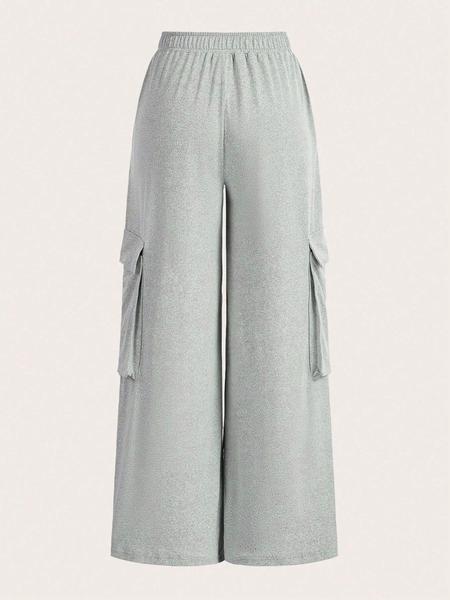 Women's Plain Flap Pocket Cargo Pants, Casual Aesthetic Streetwear Wide Leg Trousers for Spring & Fall, Women's Bottoms for Daily Wear