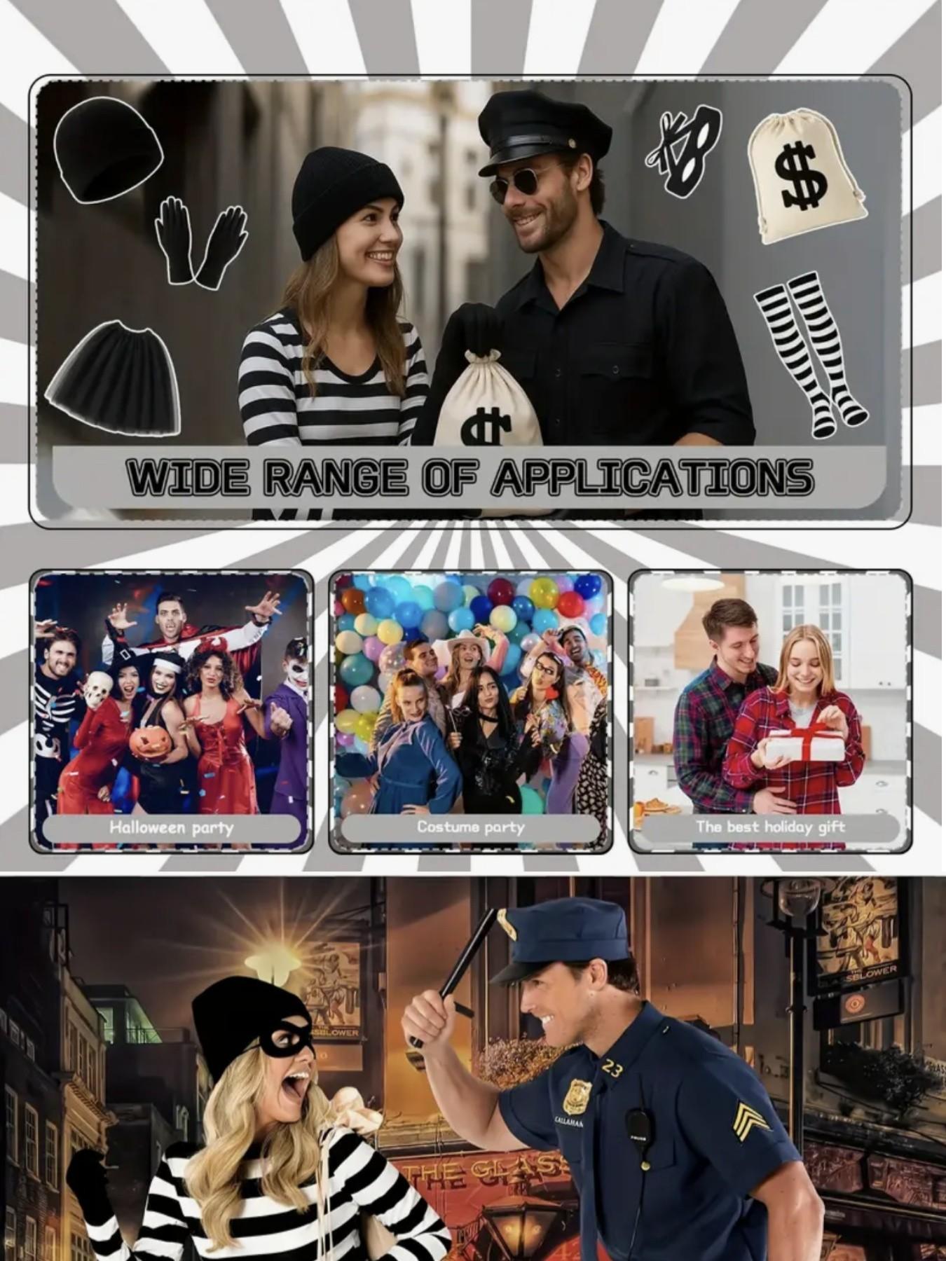 6-Piece Women's Thief Costume Set, Ballet Dress, Hat, Gloves, Eye Mask, Canvas Pouch, Striped Socks, Halloween, Easter, Christmas, Book Day