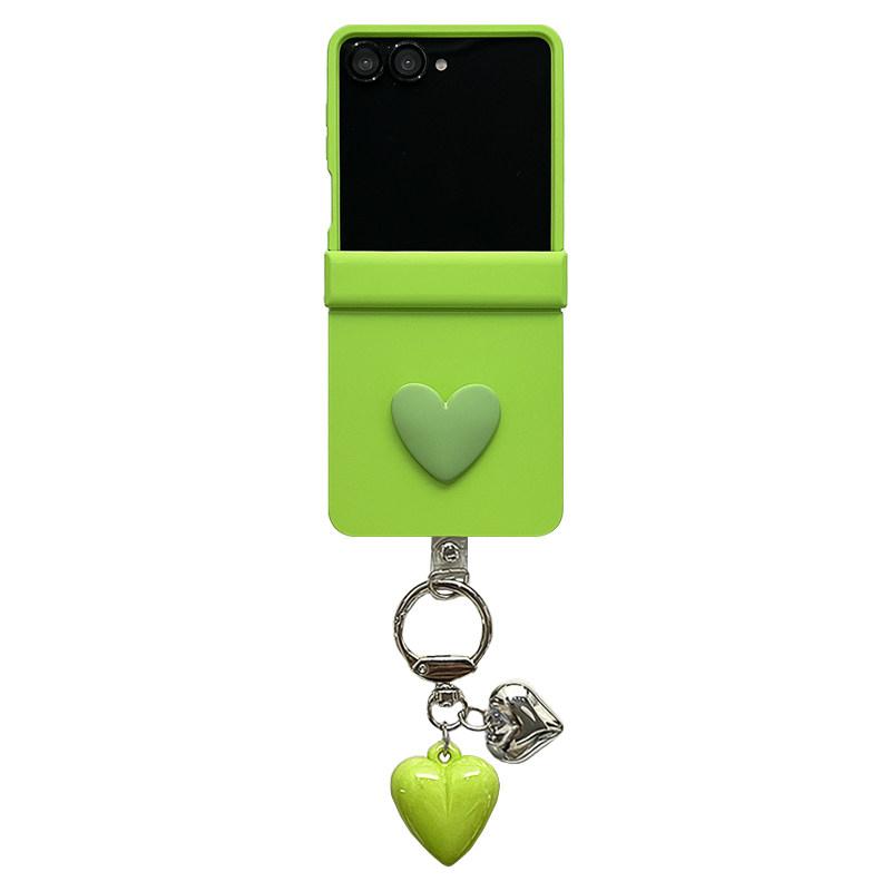 Hinged Soft-Touch Fluorescent Green 3D DIY Heart + Matching Heart Charm Flip Foldable Anti-Drop Protective Case for Samsung Galaxy Z Flip 7 FE / Z Flip 7 / Z Flip 6 / Z Flip 5