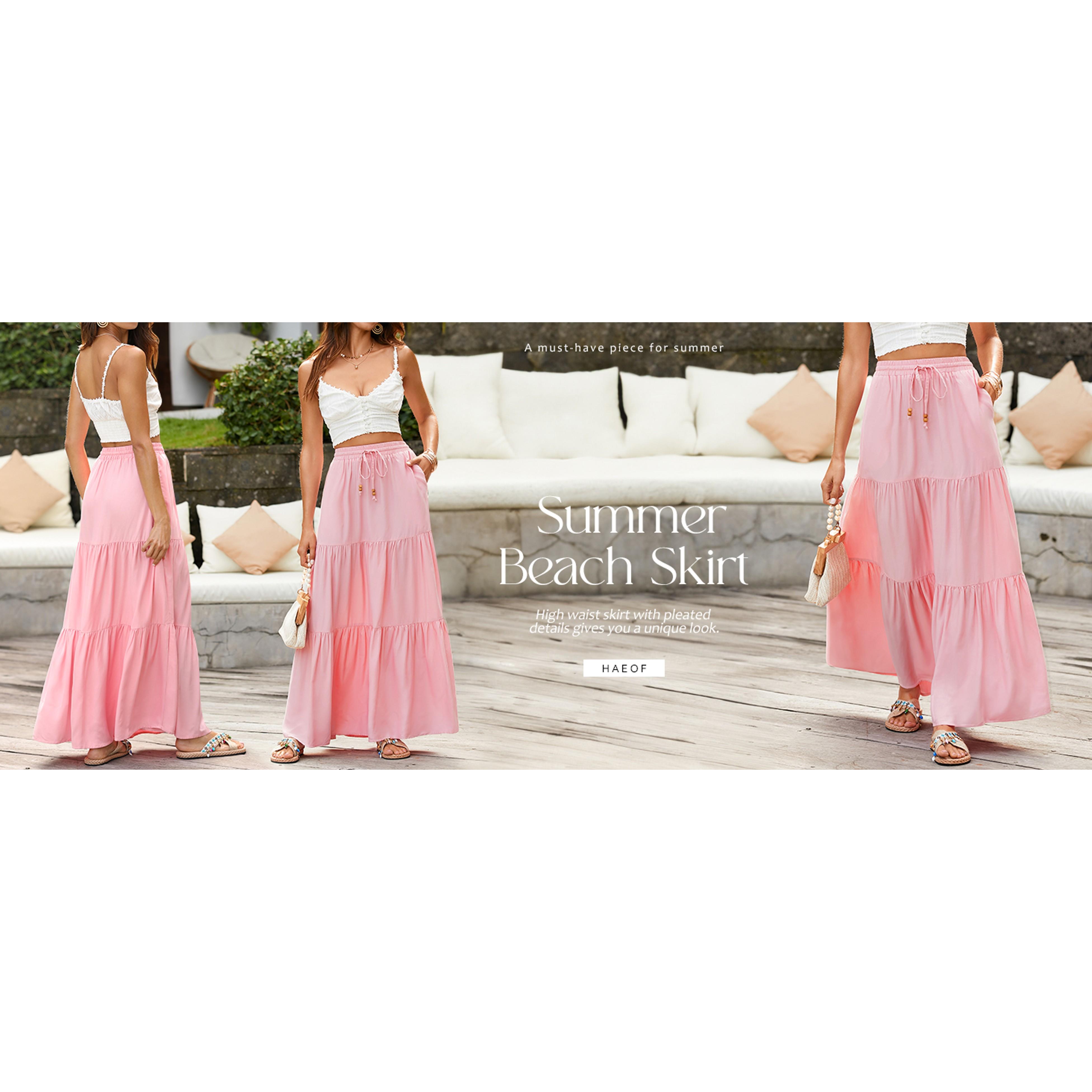 Women's Summer Boho Maxi Skirt A-Line Flowy Ruffle Tiered Elastic High Waist Beach Long Skirts with PocketsGift