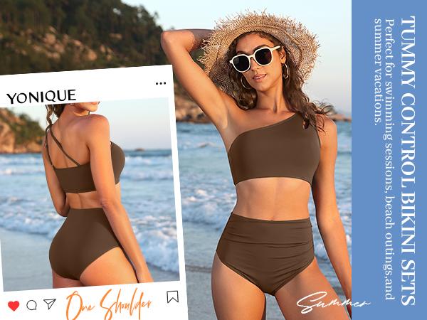 Yonique Women High Waisted Bikini - One Shoulder Bathing Suit Tummy Control Two Piece Swimsuit 2025