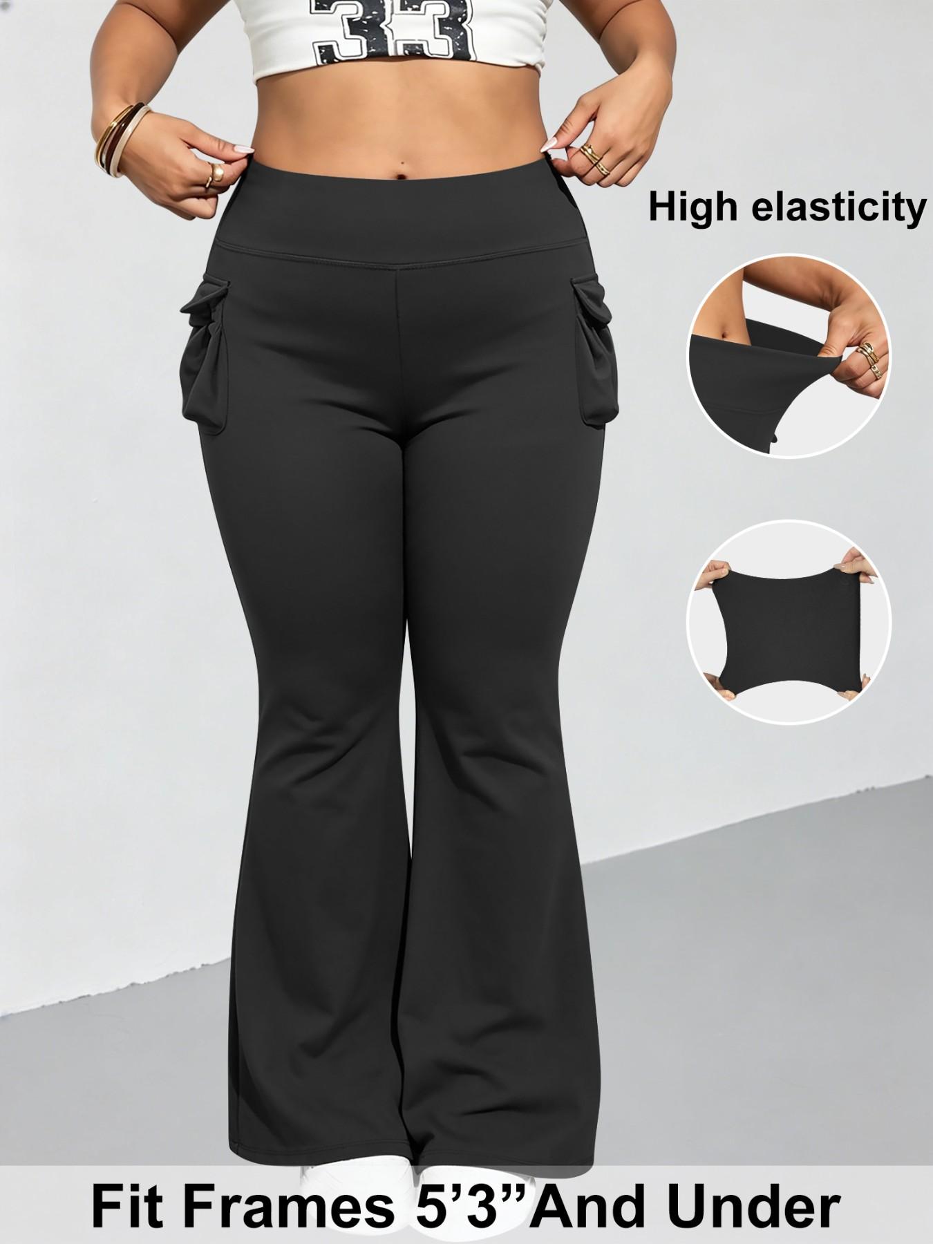 Plus Size High Waist Workwear Pocket Flare Pants, Tummy Control Butt Lift Yoga Pants, Side Pocket Sporty Flare Long Pants, High Elasticity, Active Leggings, Flare Legging